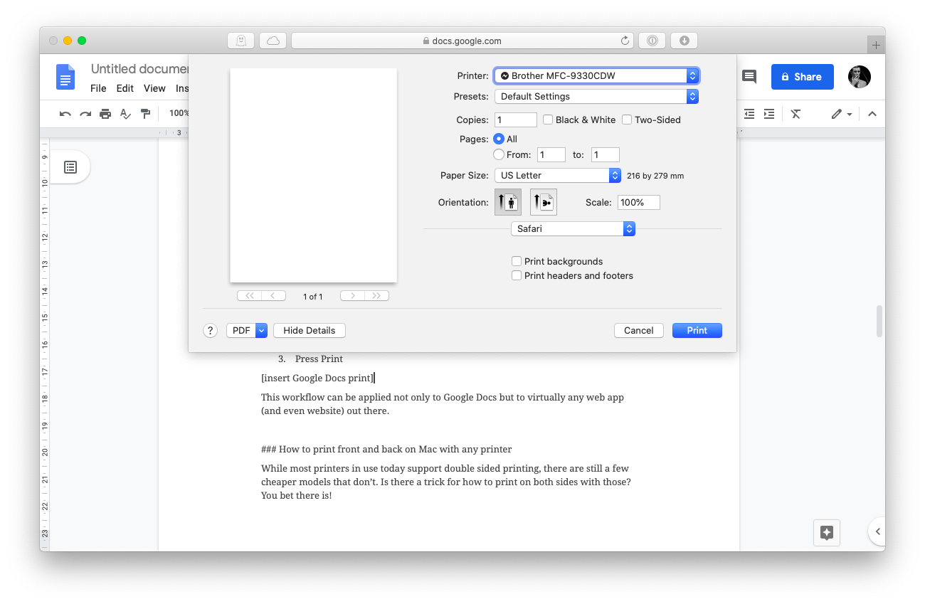 word for mac change to one sided printing