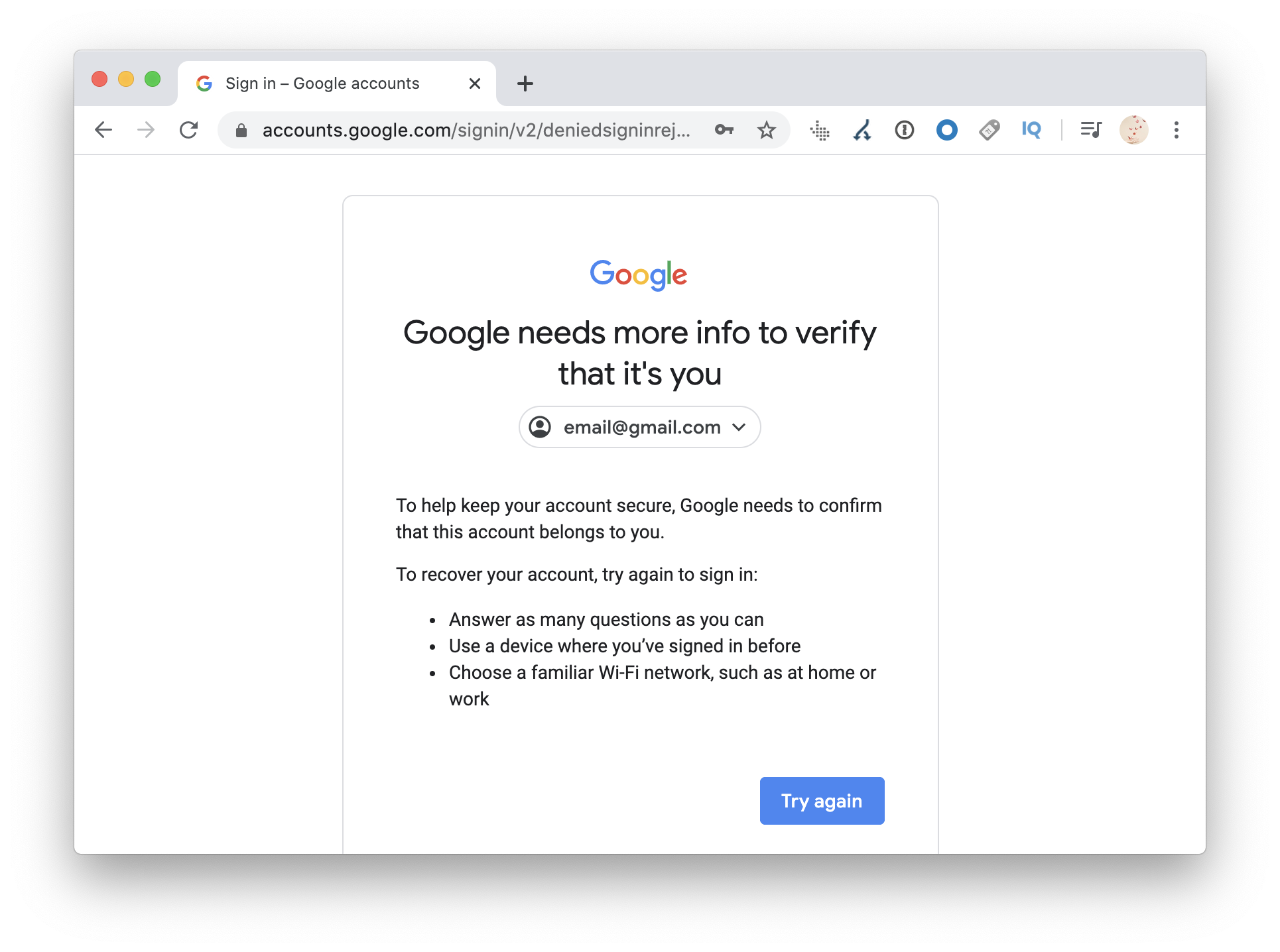 Google needs more info to verify that it's you
