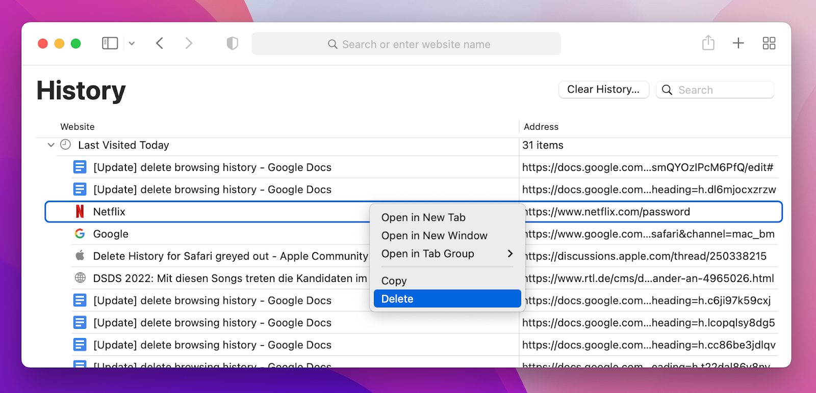 history tab safari