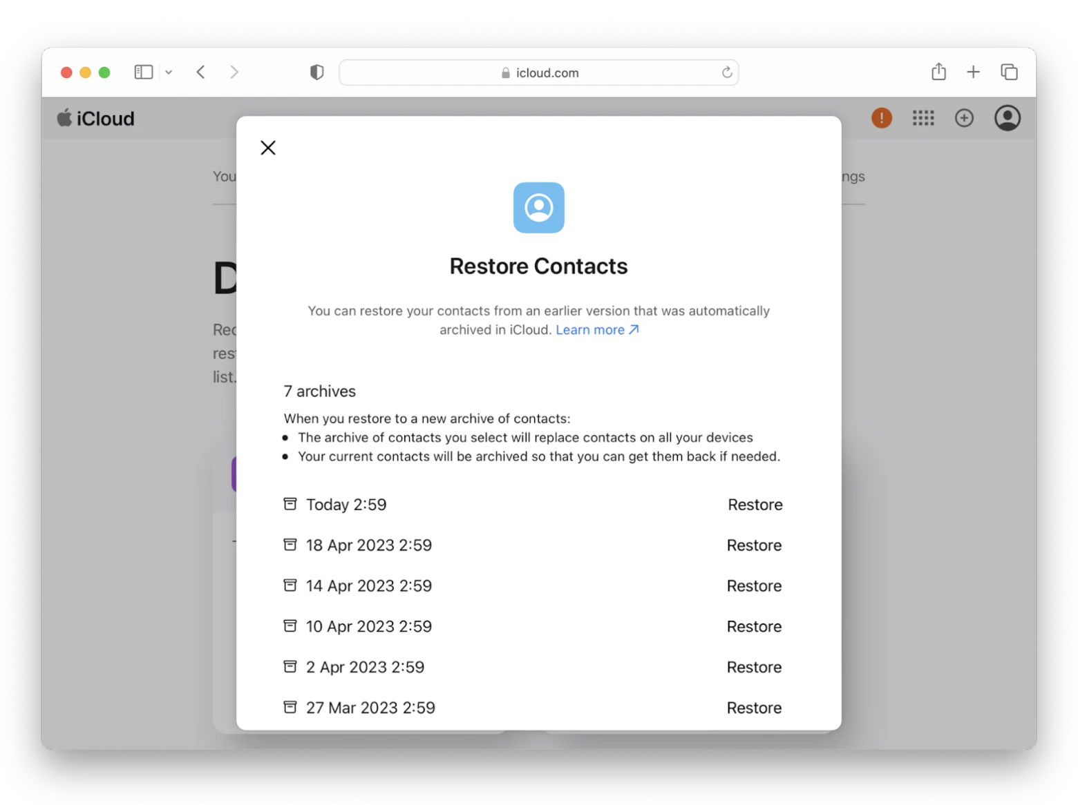 Restore Contacts from icloud.com