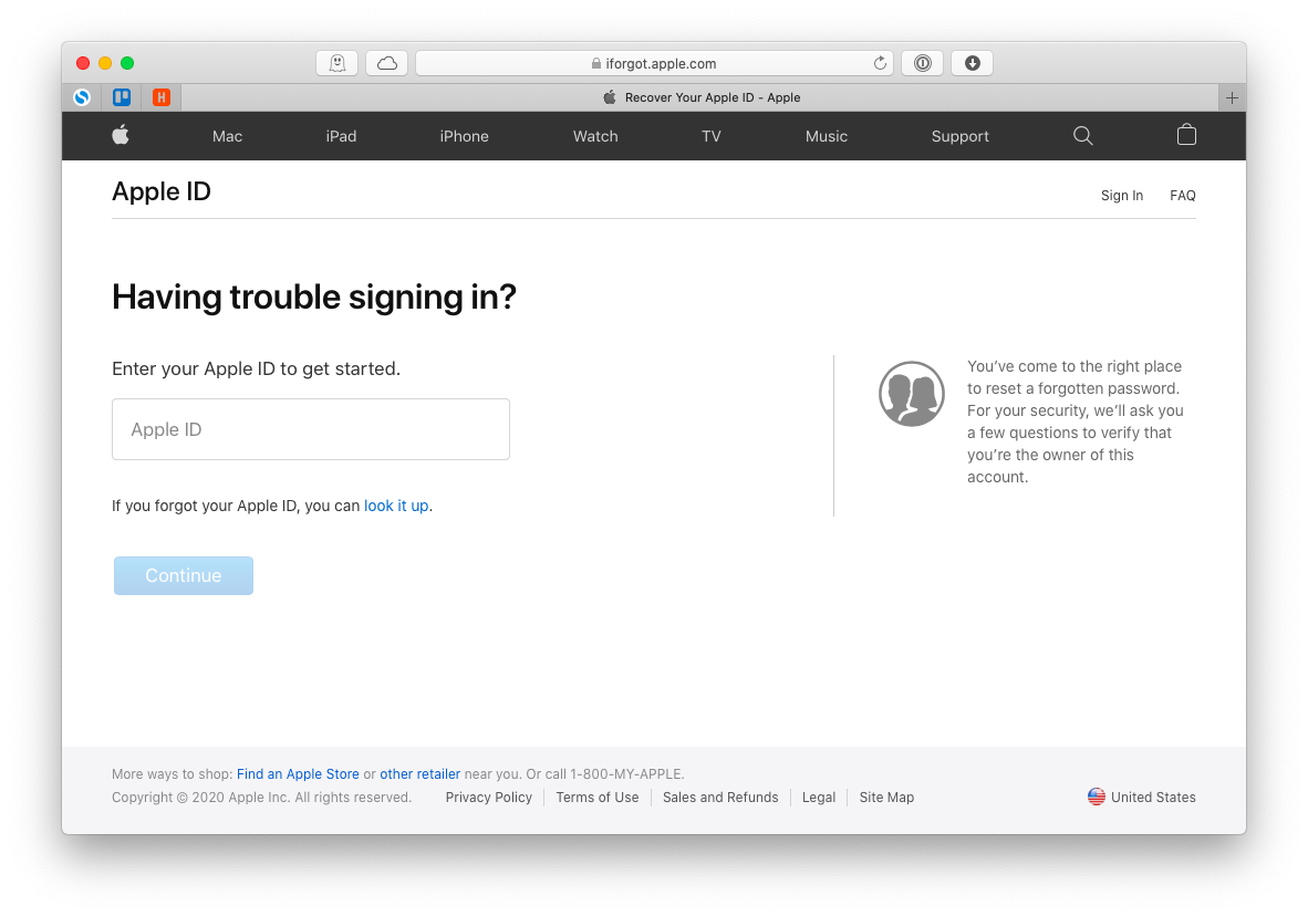 iForgot Apple -salasanan nollaus Mac