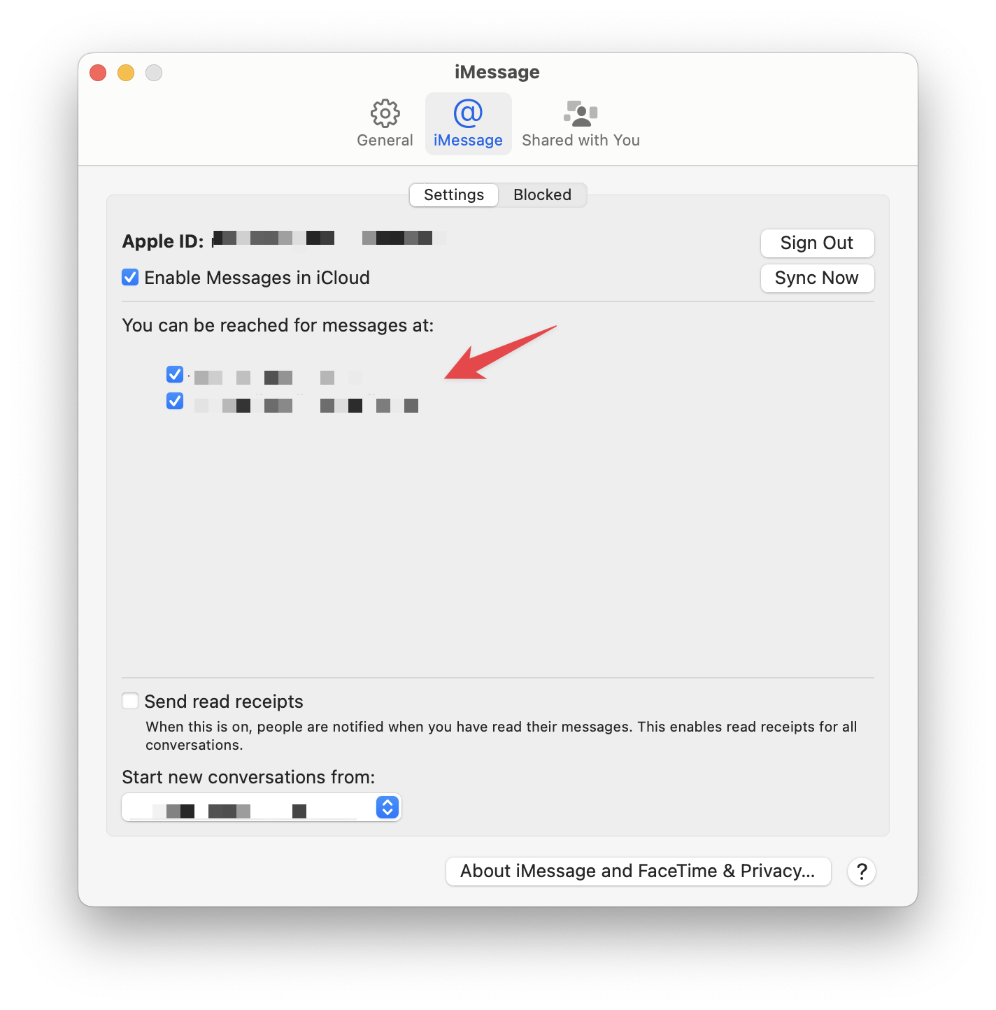 imessage not syncing check email address