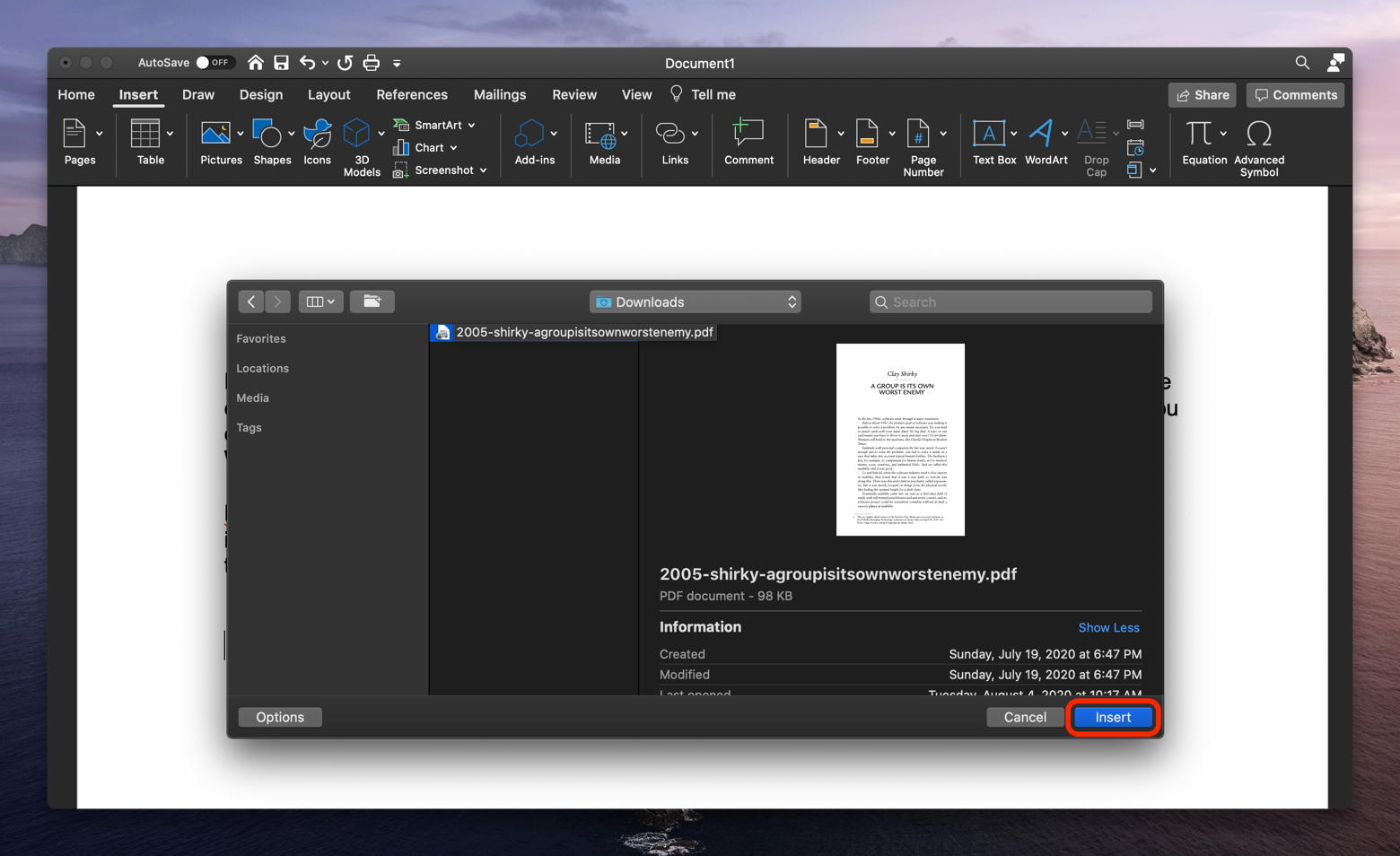 how to insert pdf into word document automatically