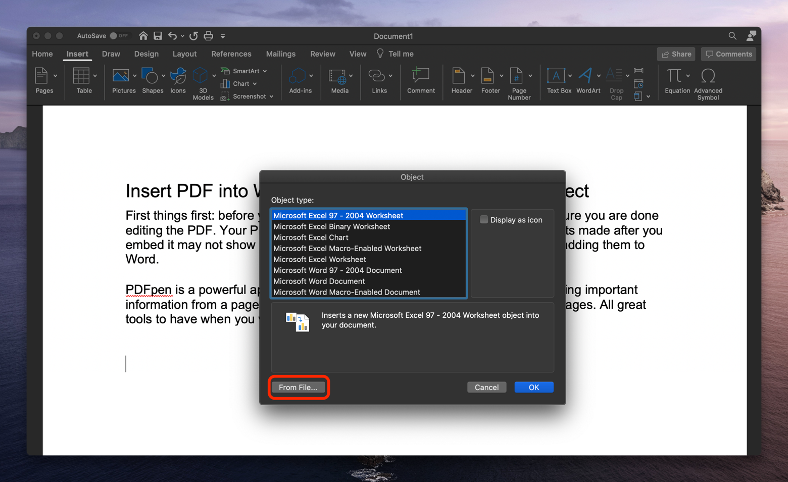 how to insert a pdf into a word document