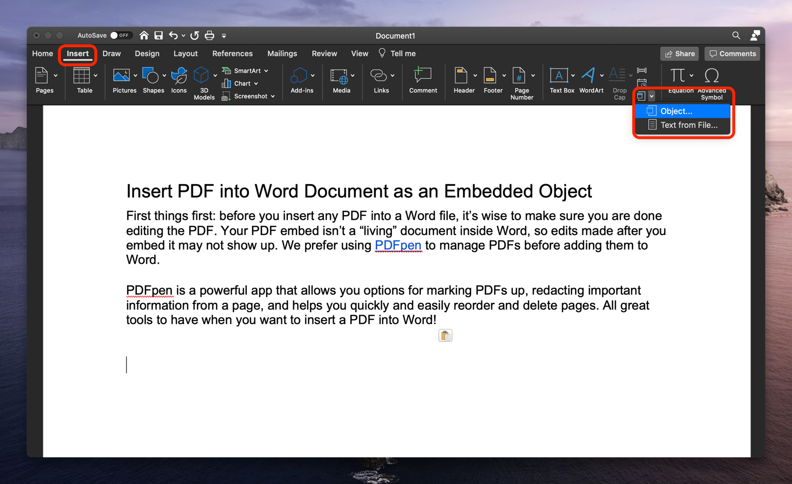 how to open embedded pdf file in word mac