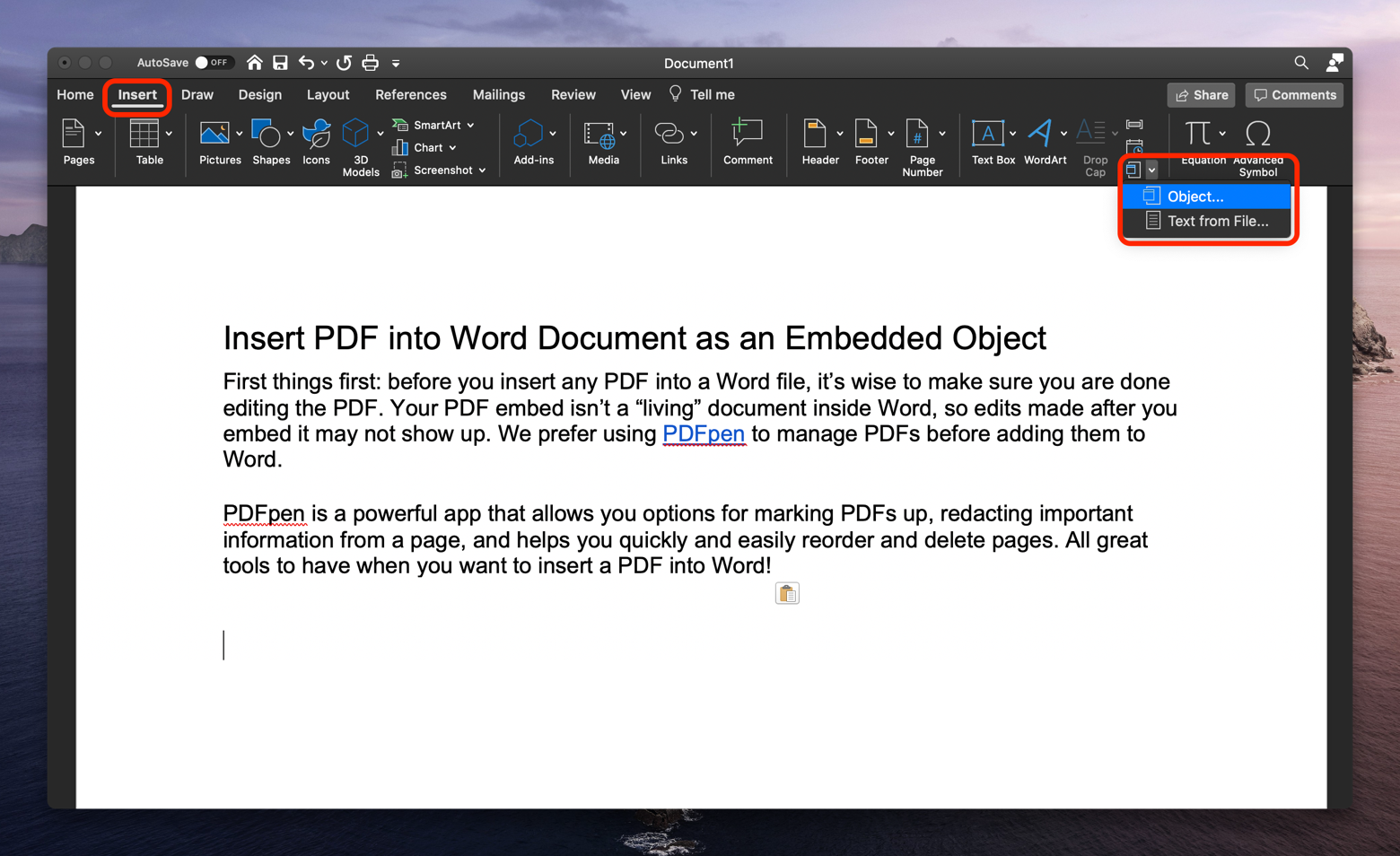 insert pdf into word document as page