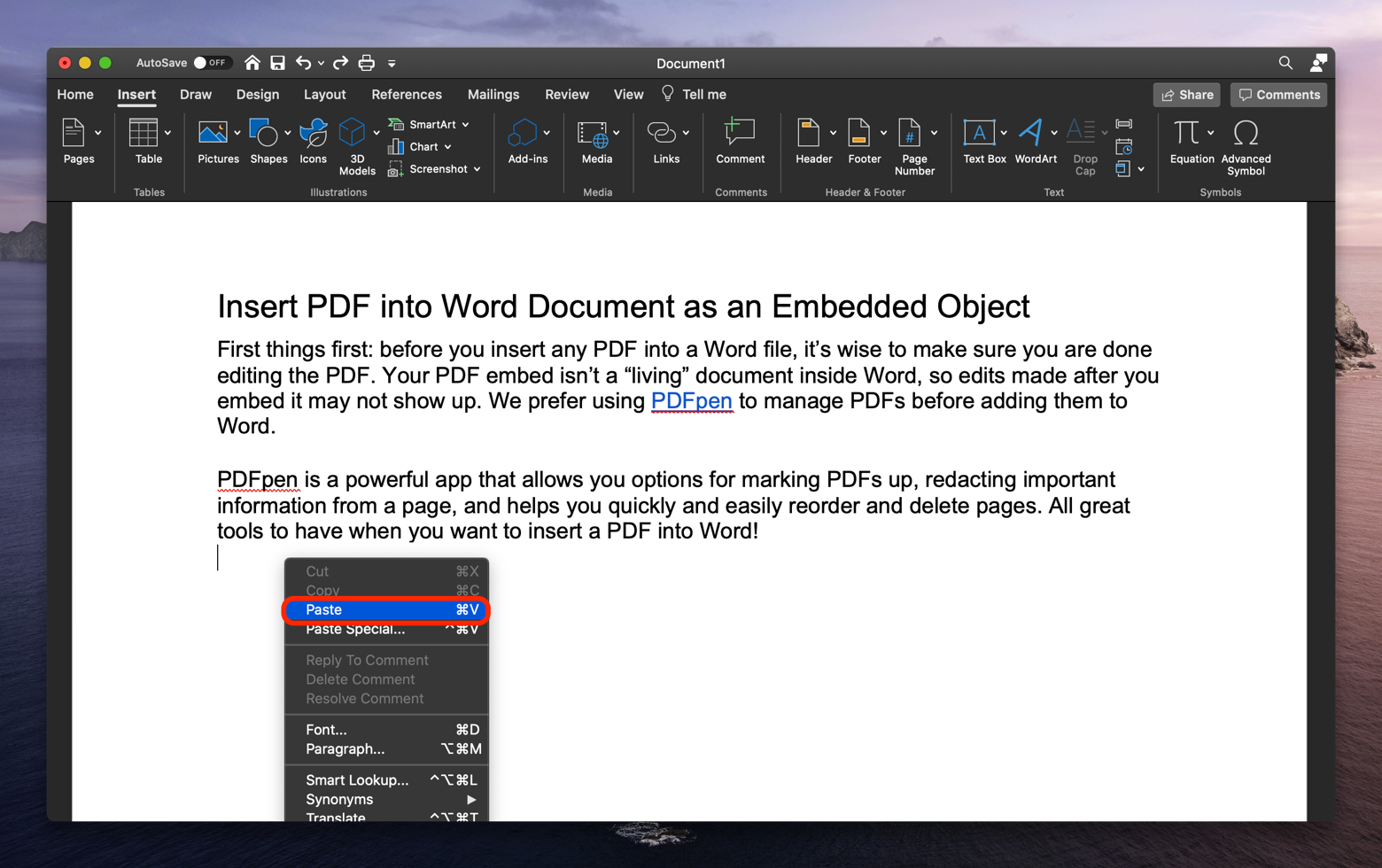 how to insert pdf into word document mac