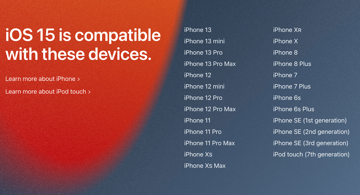 list of compatible devices with iOS 15. image: Apple