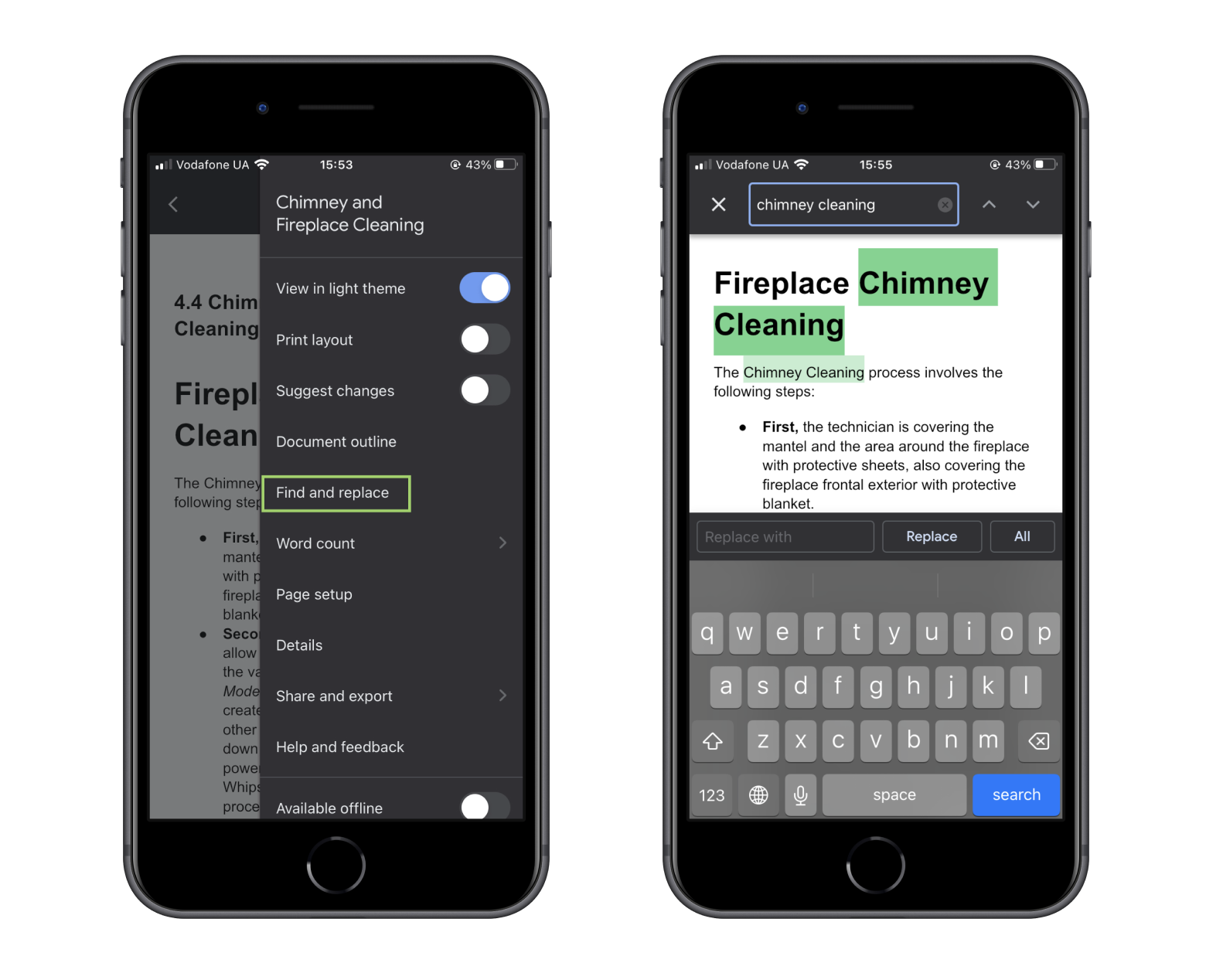 Find and replace feature in Google Docs on iPhone