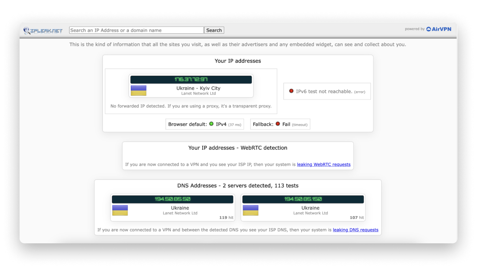 check VPN connection with ipleak