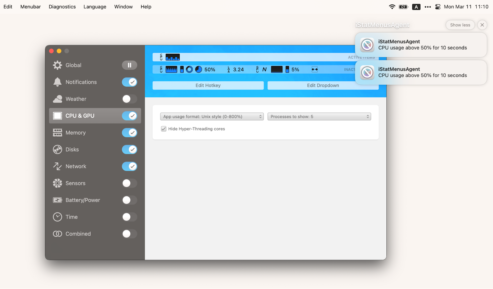 istat menus user interface dashboard