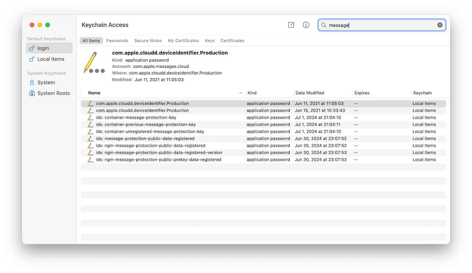 keychain access messages mac