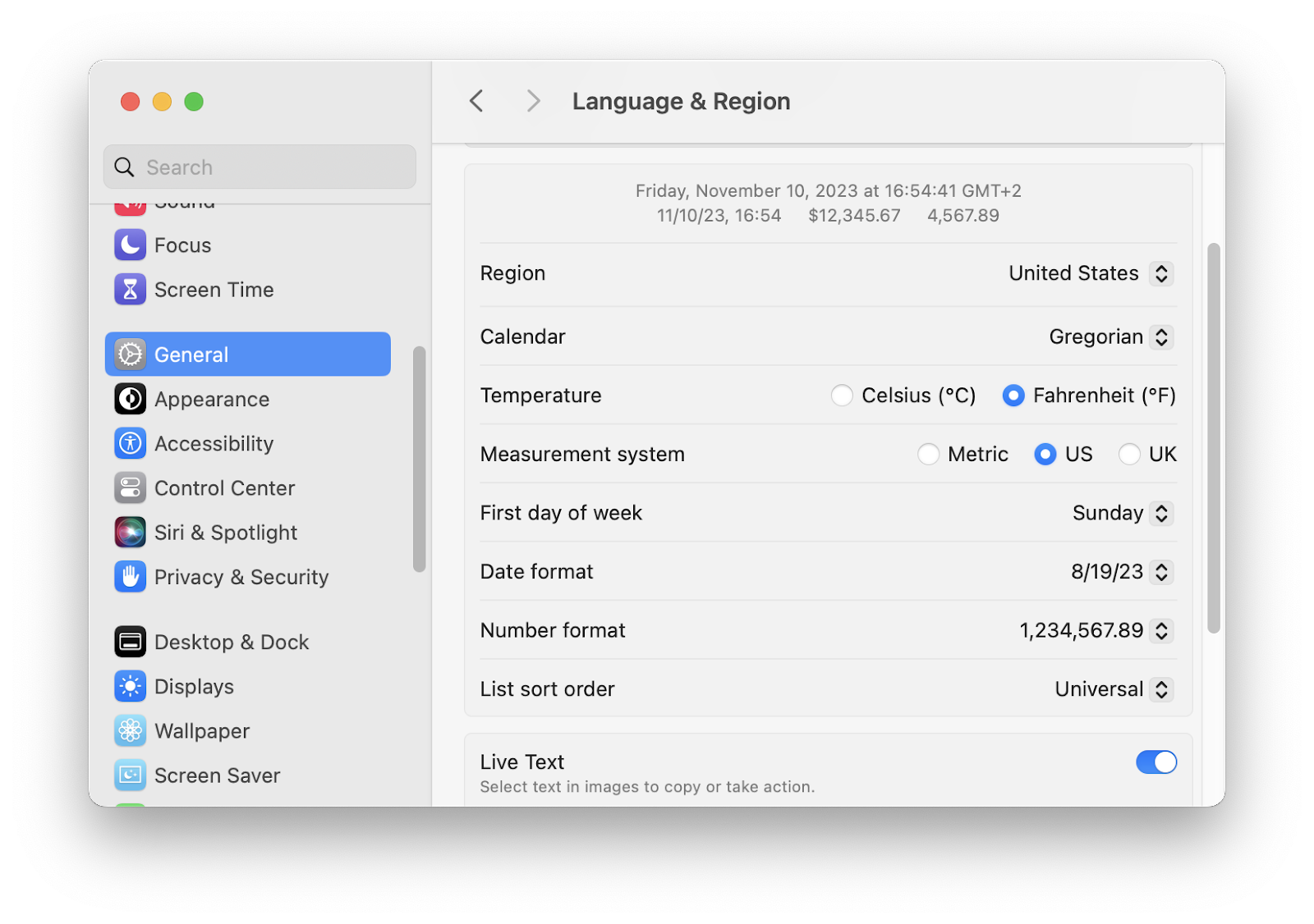language and region settings on mac