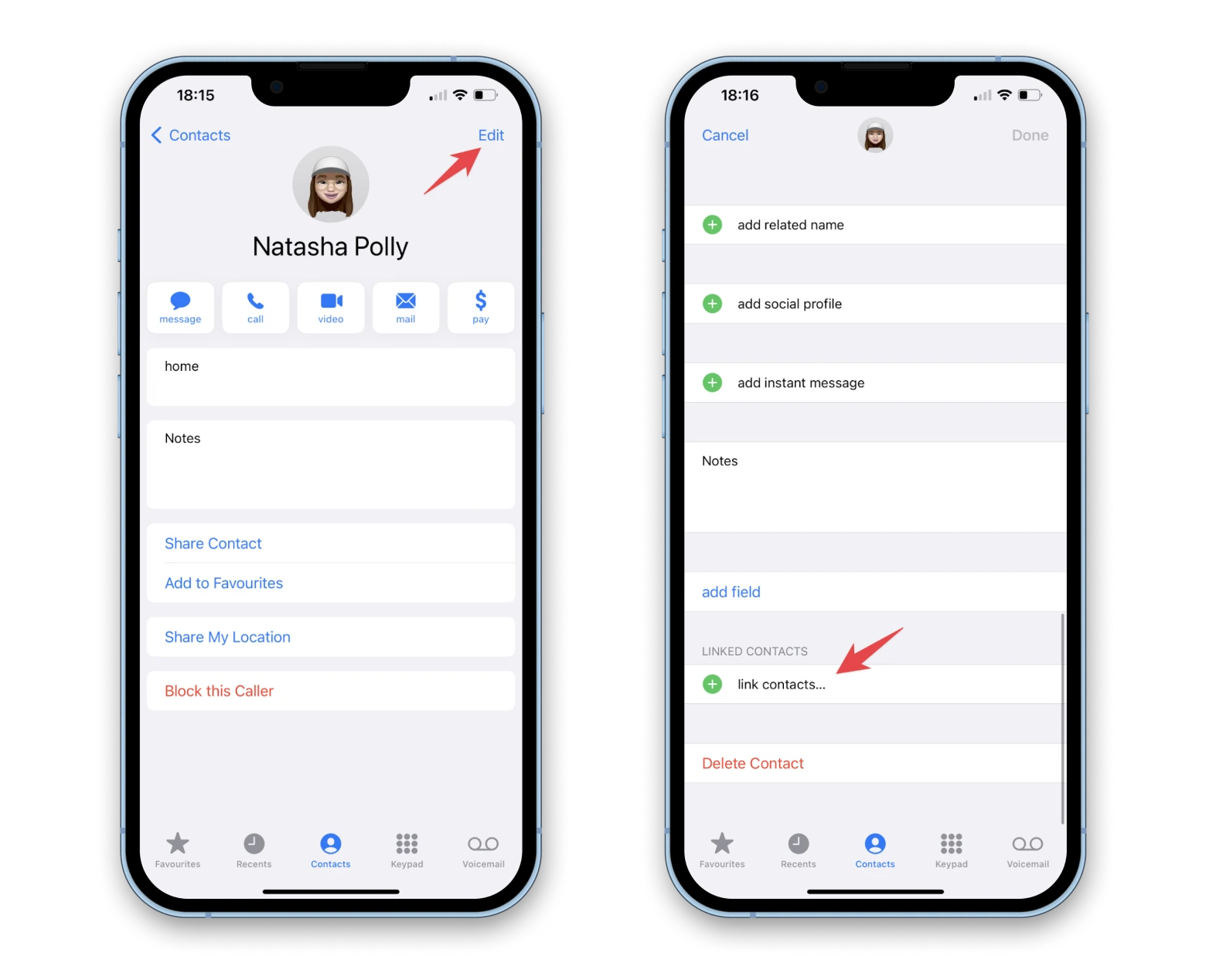 link contacts on iPhone