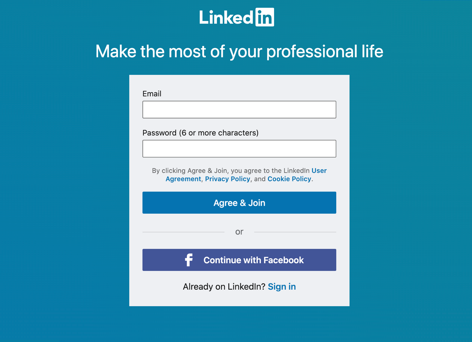 LinkedIn signup page