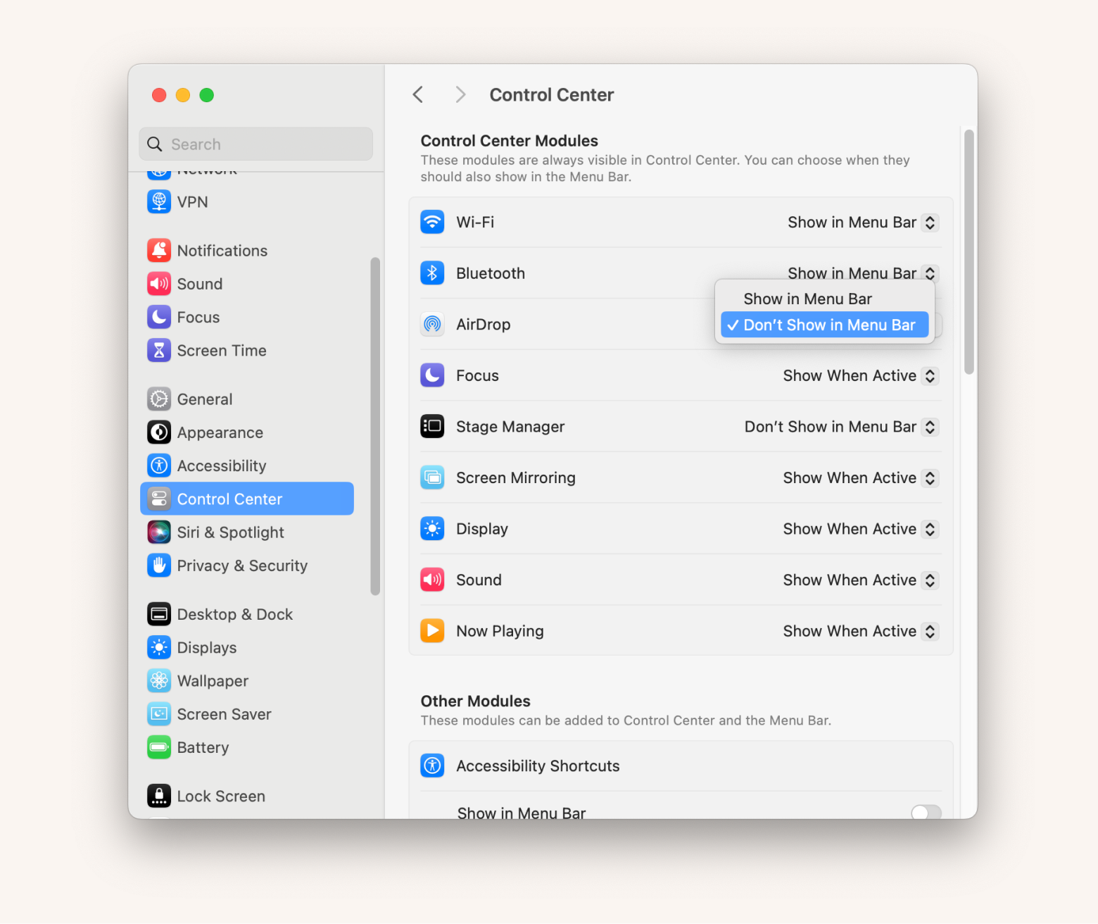 Control Center Modules to cleanup menu bar items