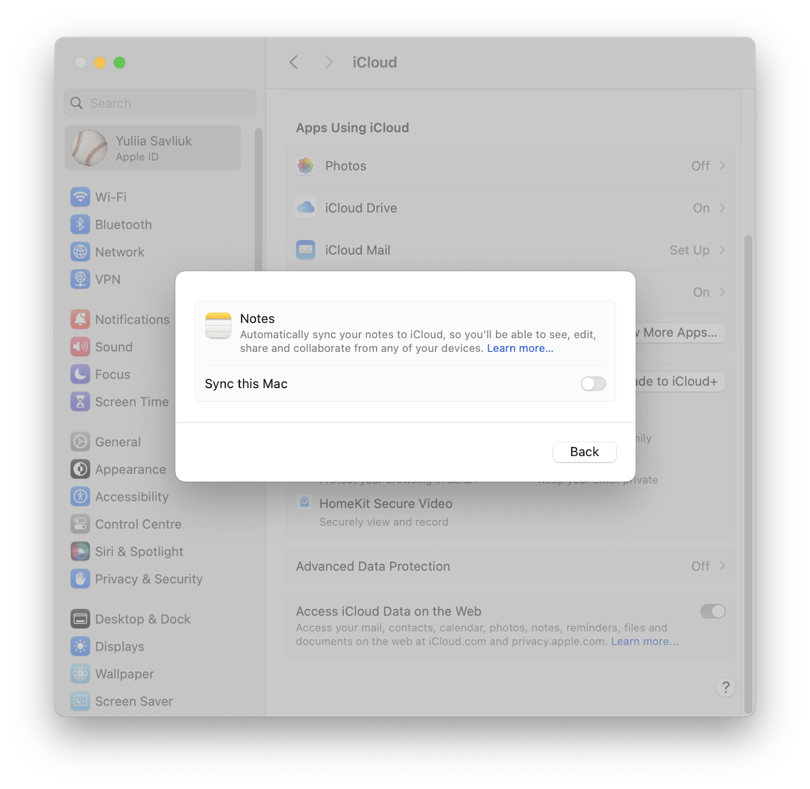 turn off Notes sync on a Mac