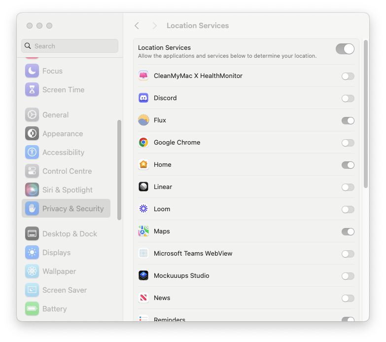 macbook disable location services for apps