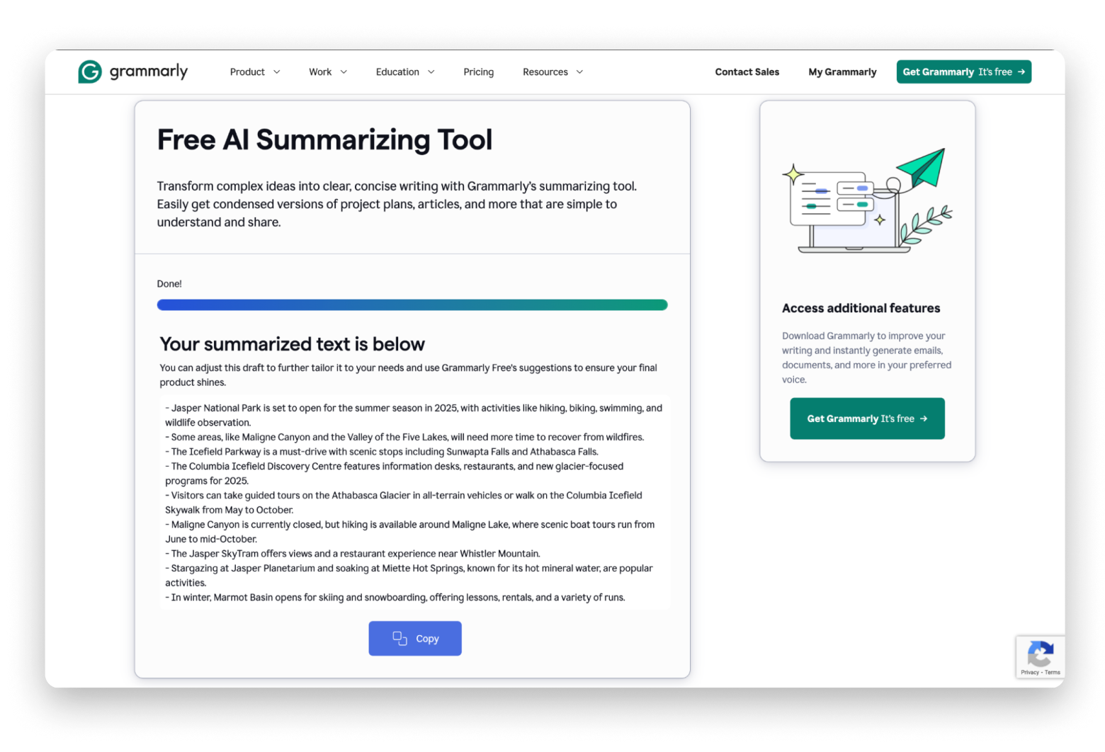 Grammarly AI summary tool