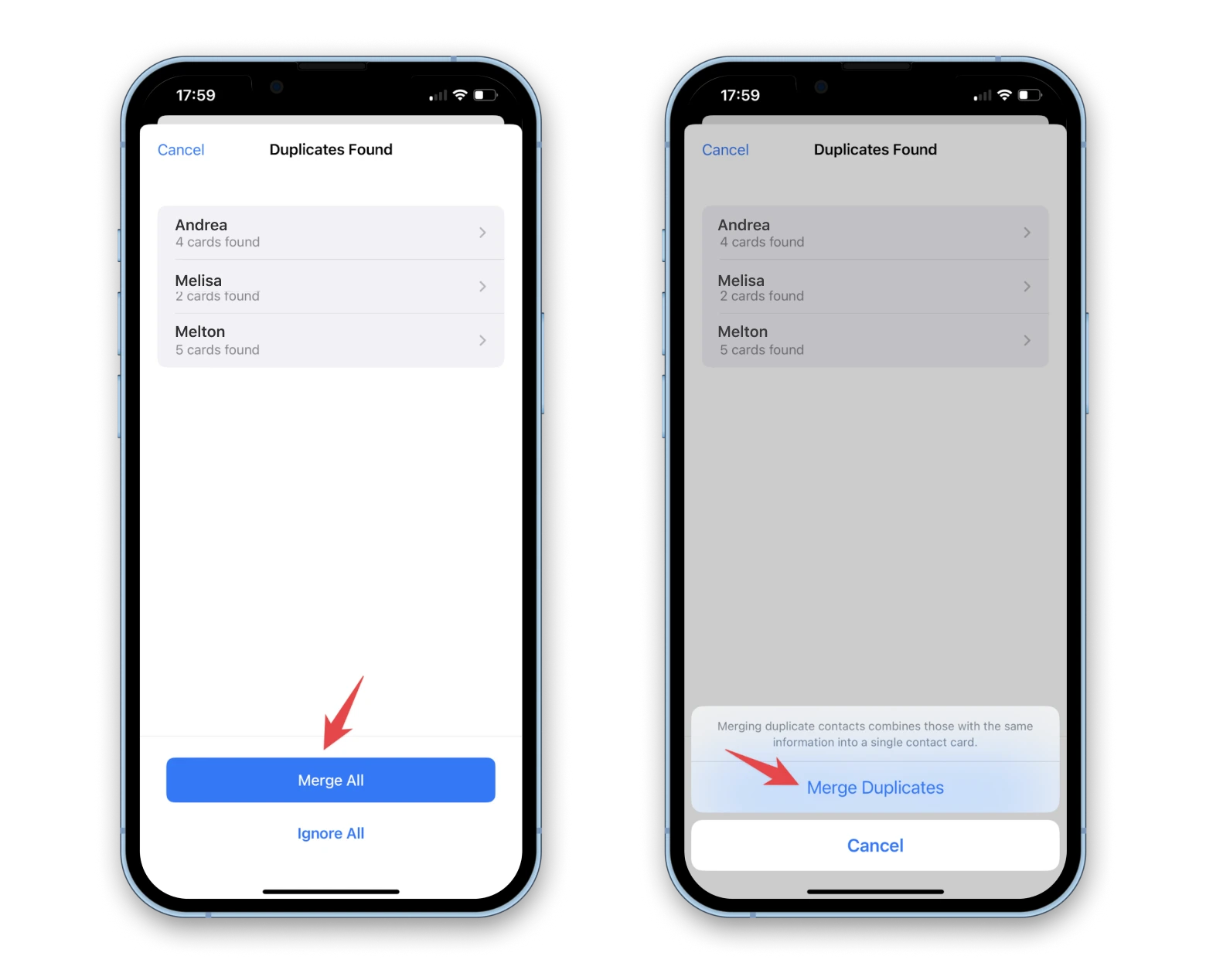 merge duplicate contact cards on iPhone