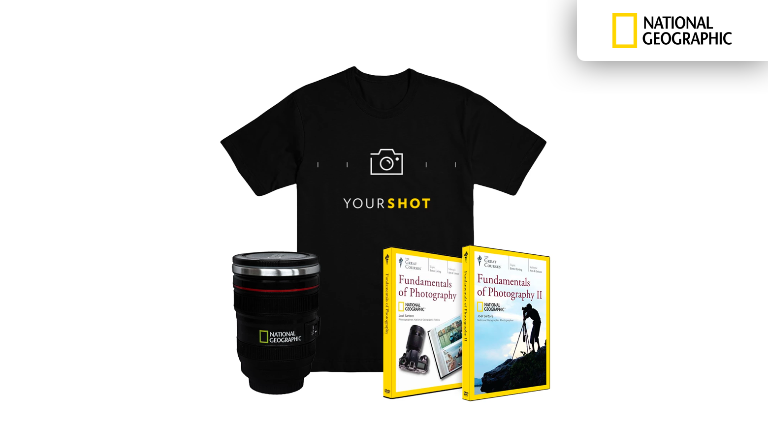 A branded mug, a t-shirt, and two photography courses