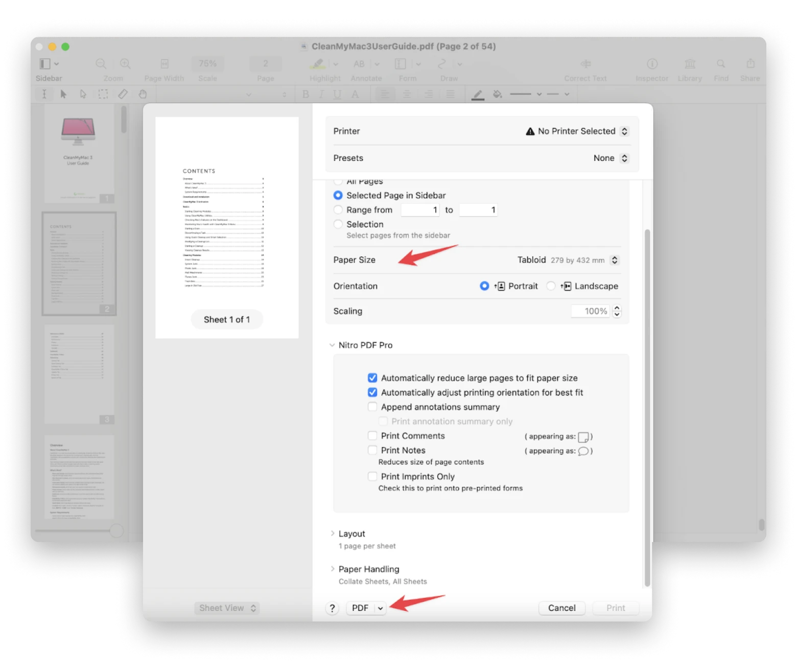 change PDF page size using Nitro PDF Pro print settings