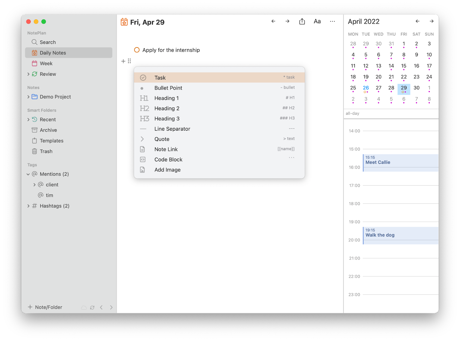 use NotePlan for calendar-based notes, tasks, and reminders