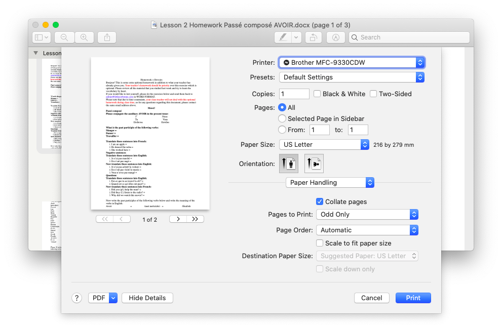 setting printer preferences mac word