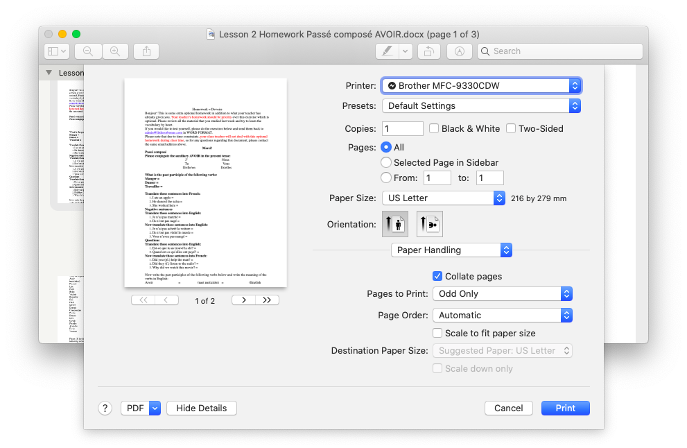 how to make sure not printing double sided on mac word