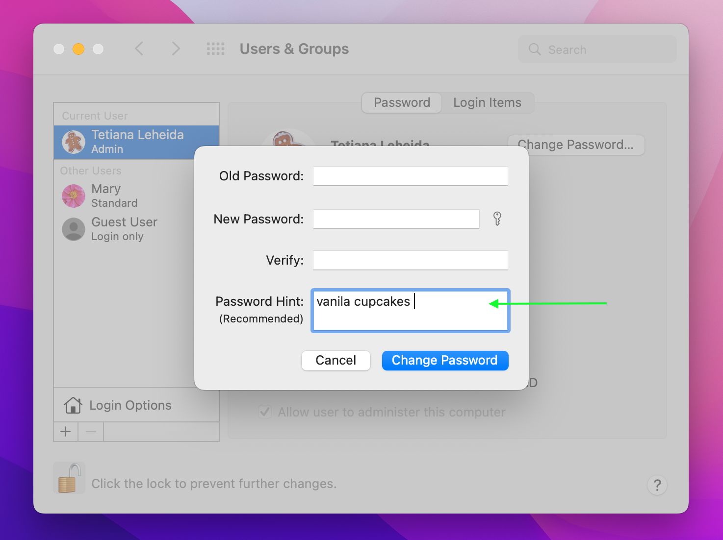 password hint mac