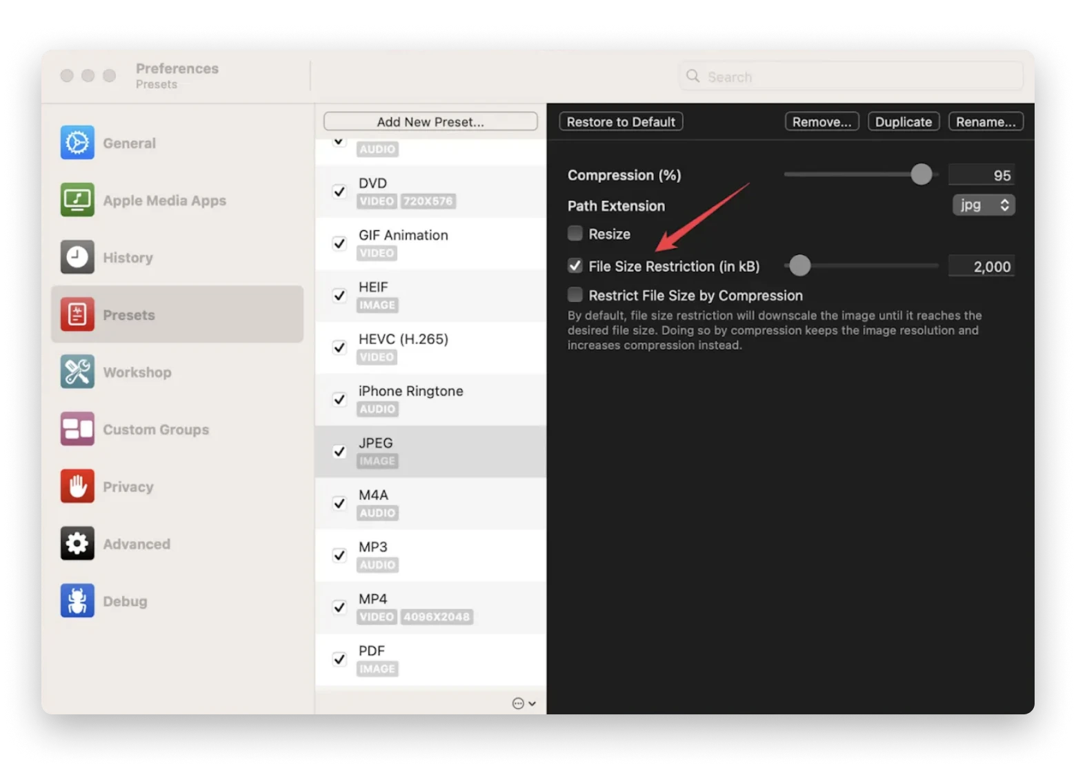 File Size Restriction (in kB)