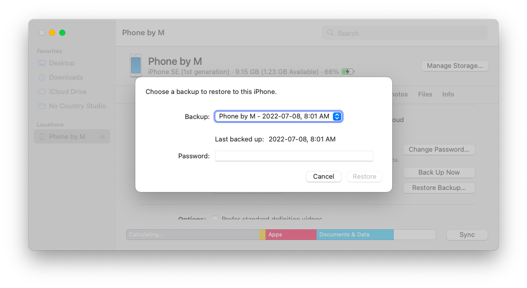 Choose a backup to restore to iPhone