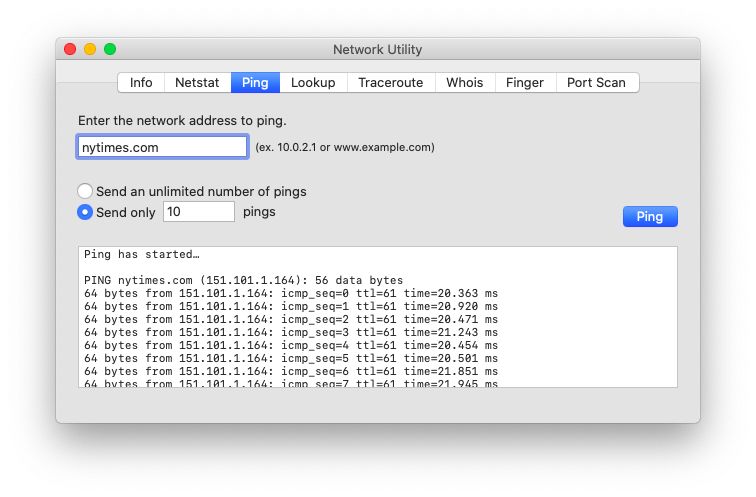Ping a website with Network Utility