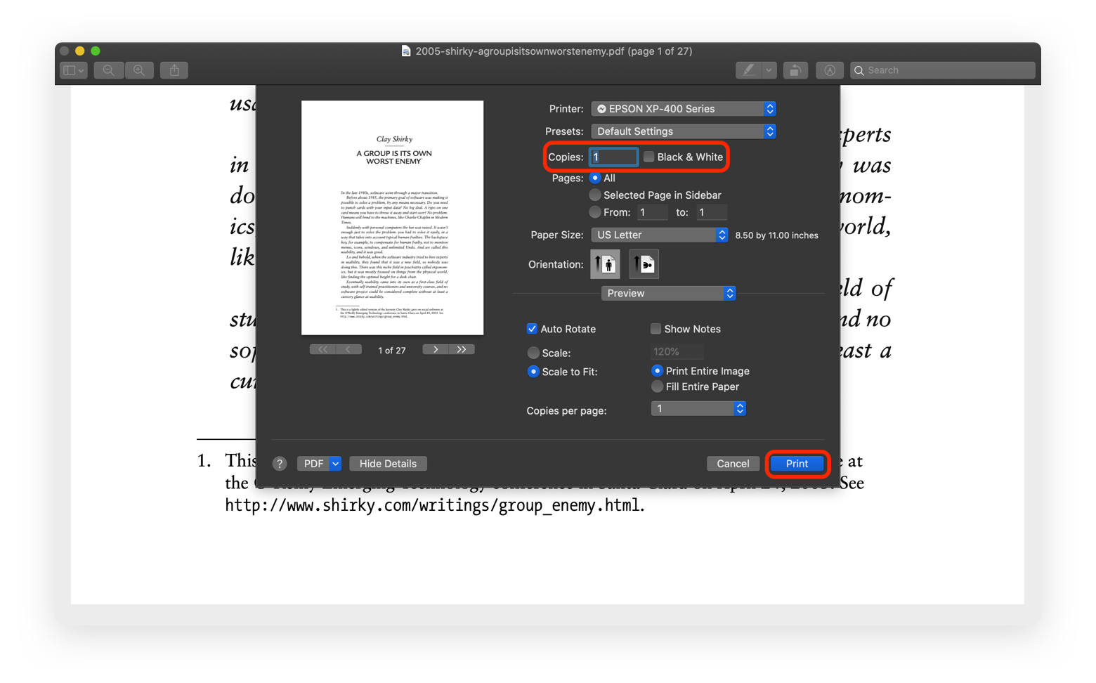 how to change default printer on a mac word