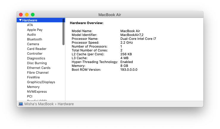 processor hardware CPU MacBook Mac specs