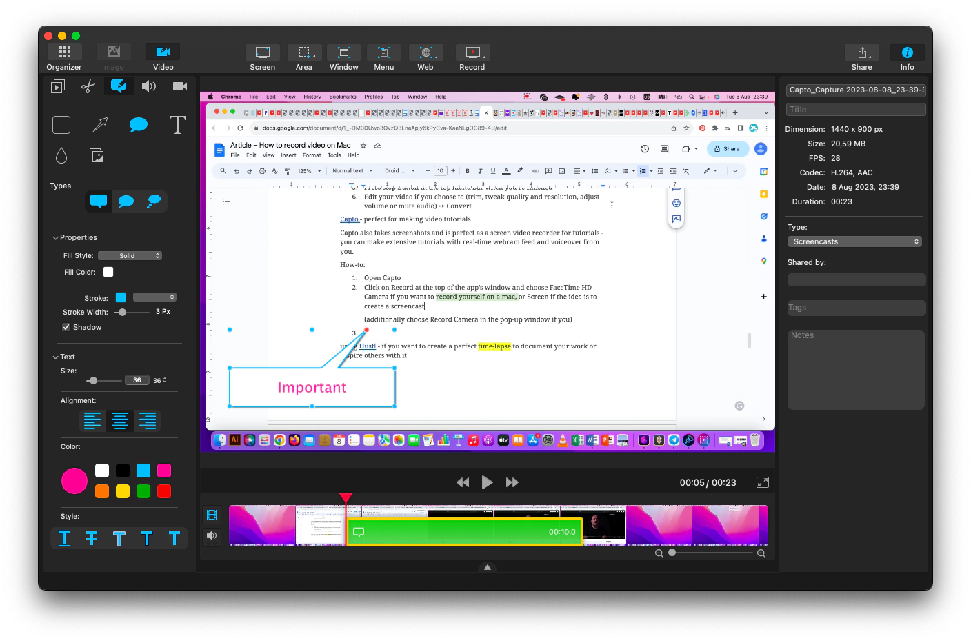 record video and add annotations and comments using Capto