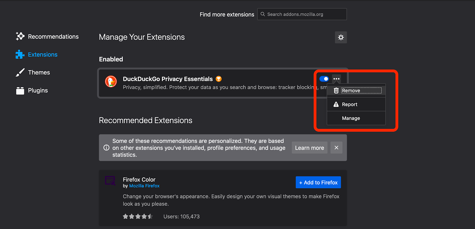 remove extensions firefox