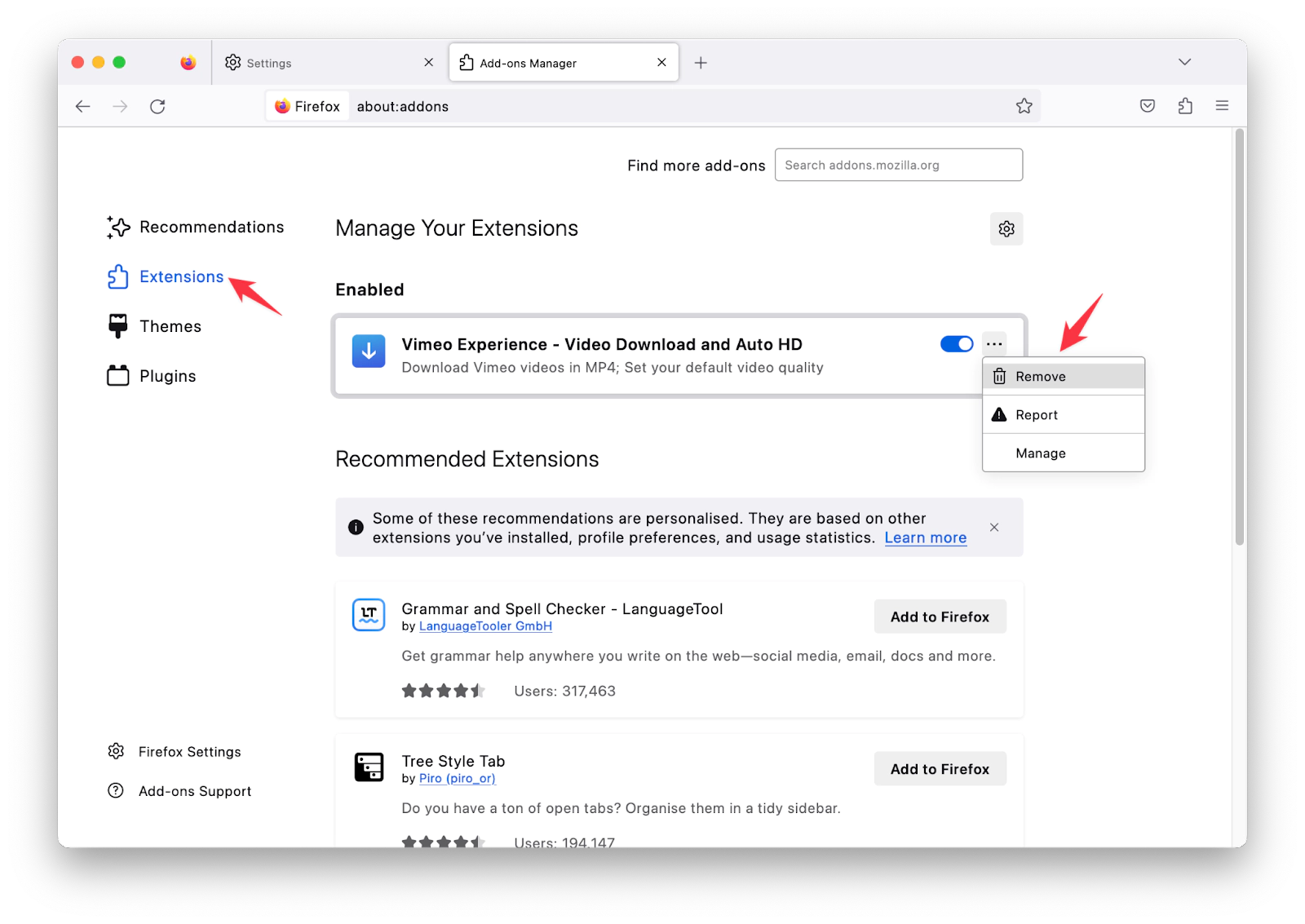 Remove extensions from Firefox