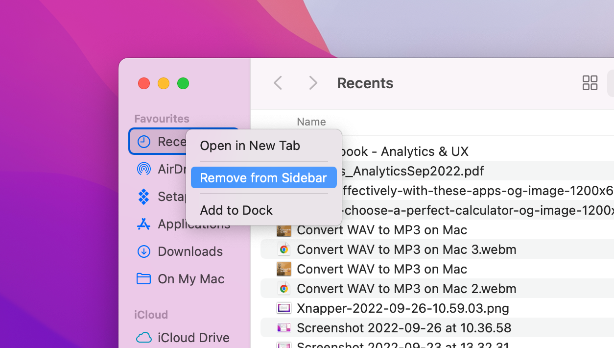 remove recents folder from finder