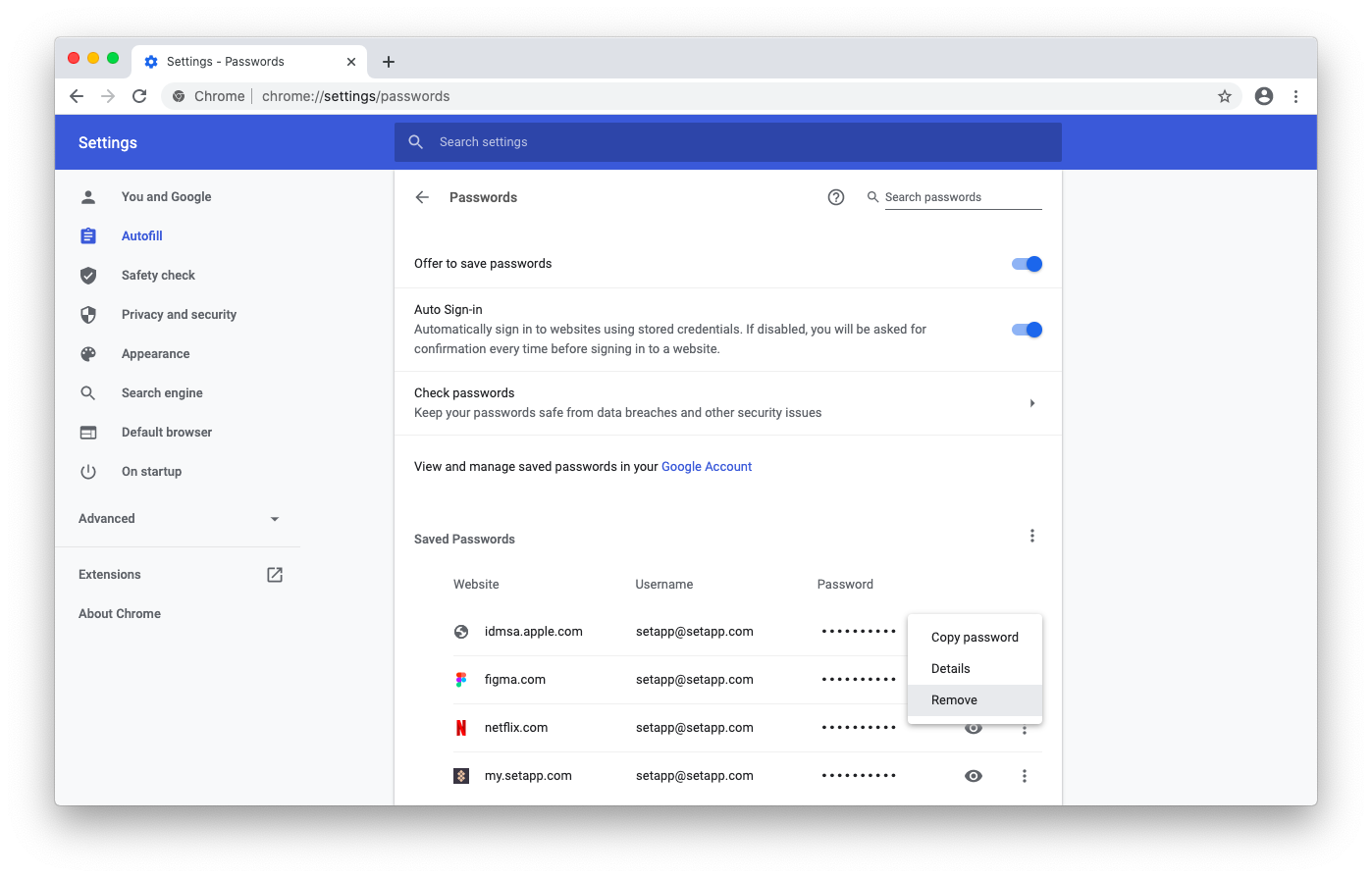manage passwords saved on chrome