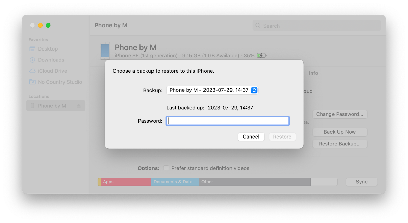 restore backup iphone finder