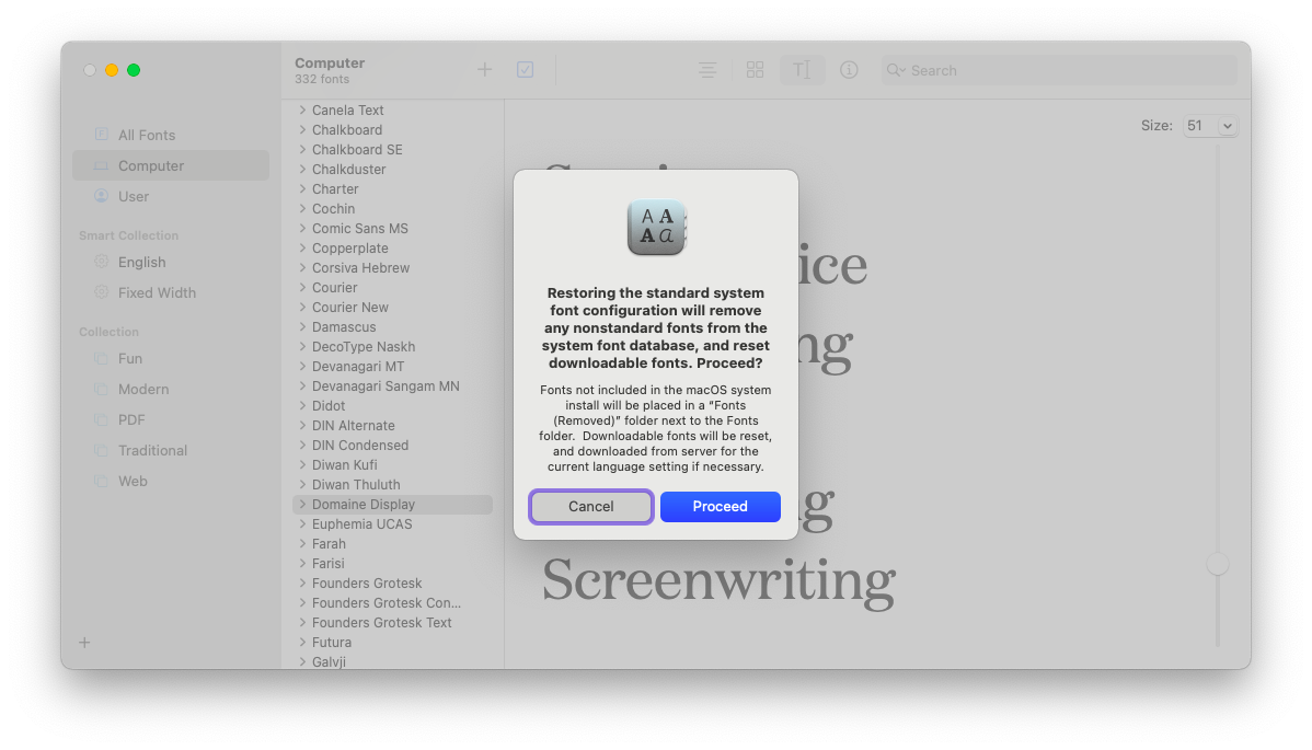 reinstall fonts back to default settings using Mac’s Font Book utility