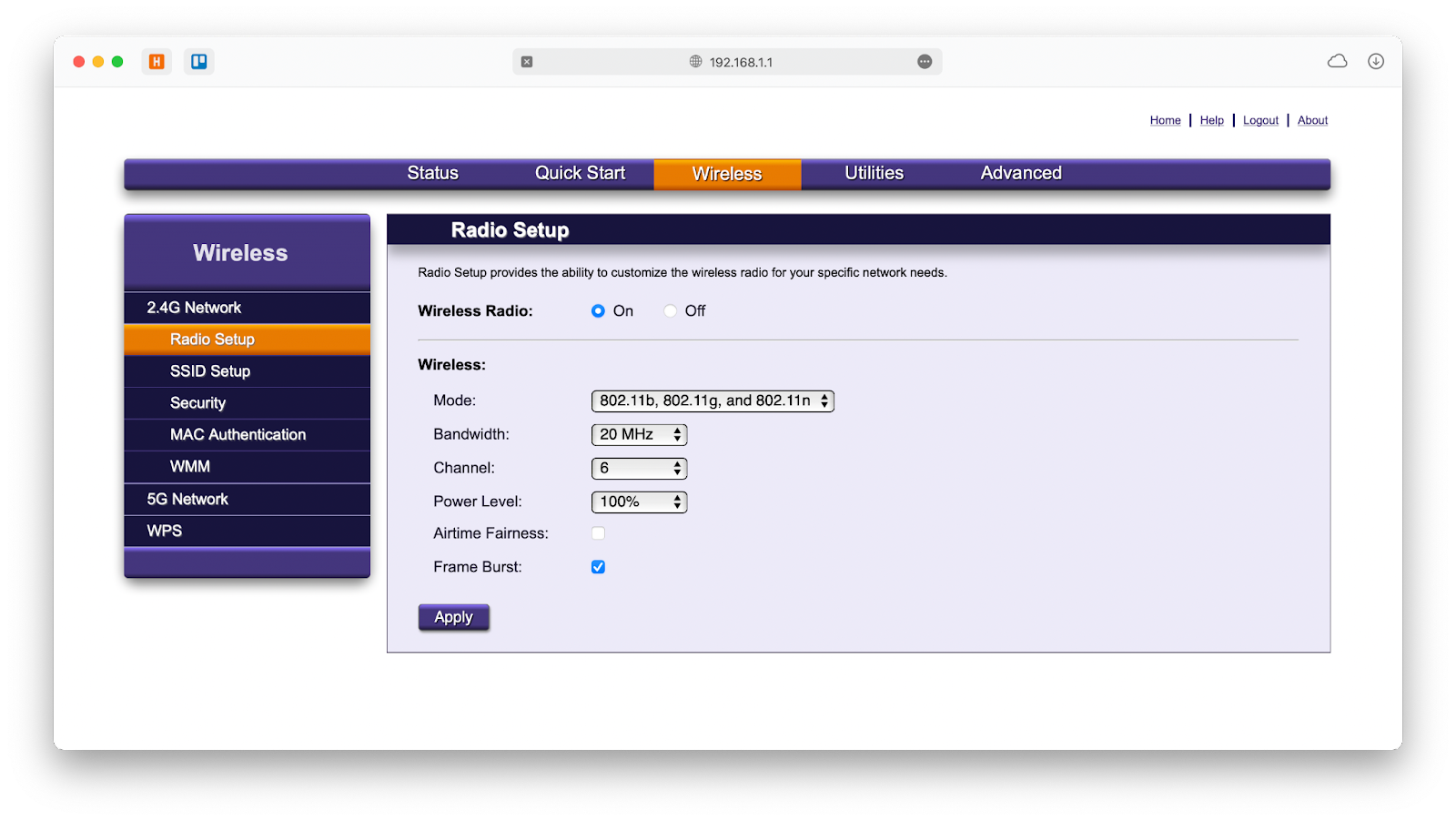  A screenshot of a router's web interface showing the settings for the 2.4GHz Wi-Fi network, including the SSID, security, and password.