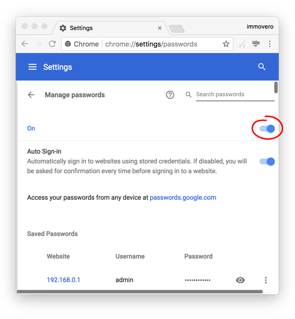 Manage passwords in Google Chrome browser