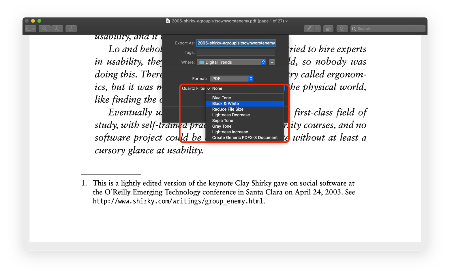 save PDF black and white Preview Mac