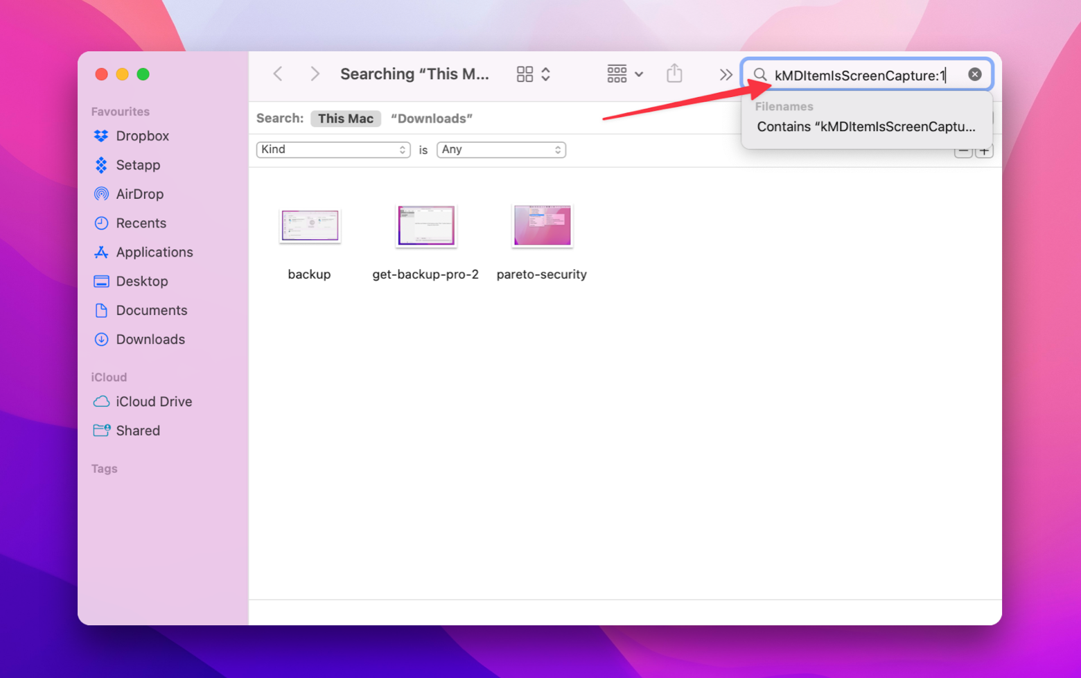 searching screenshot mac