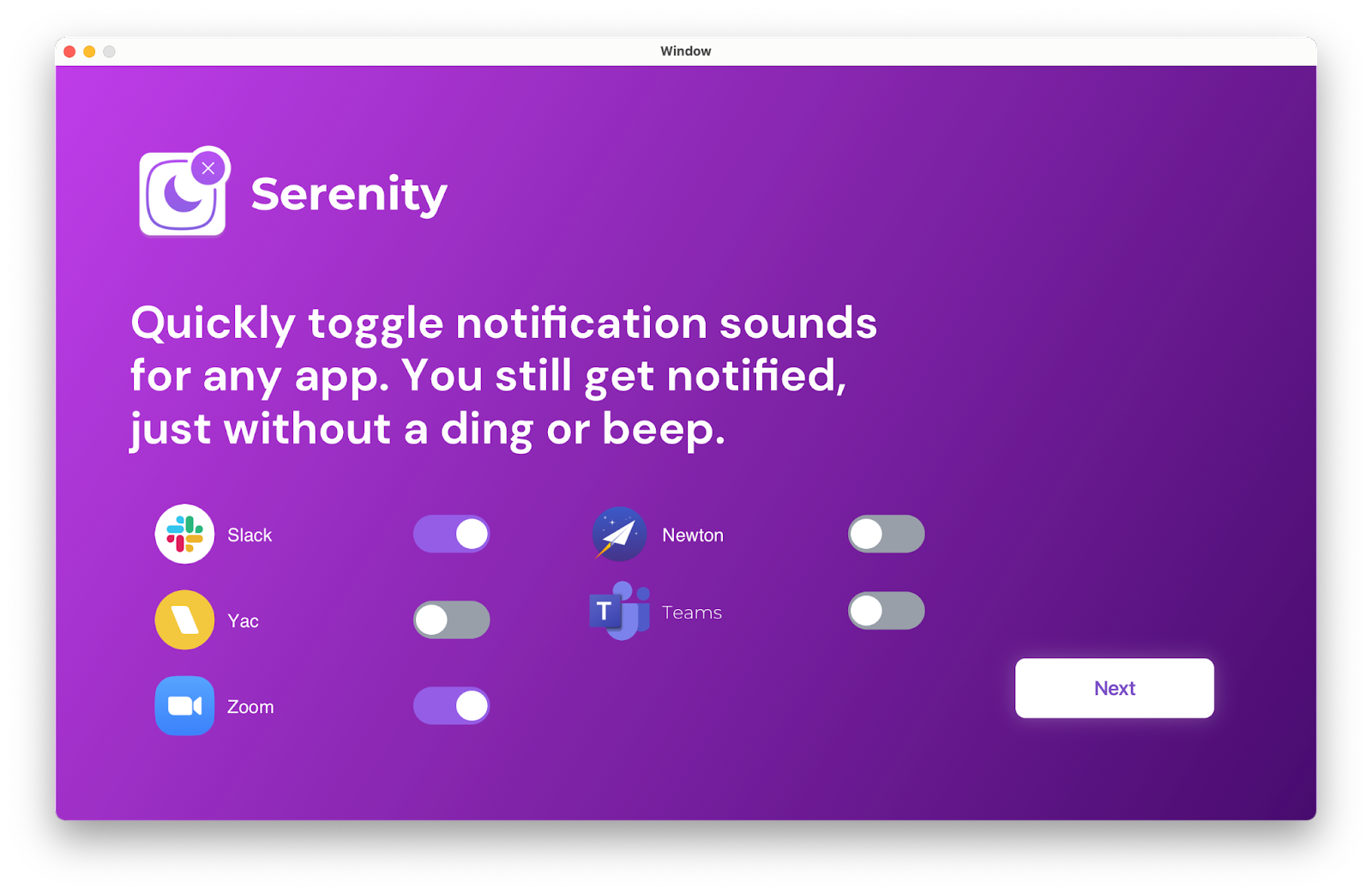 serenity mute app notification sounds