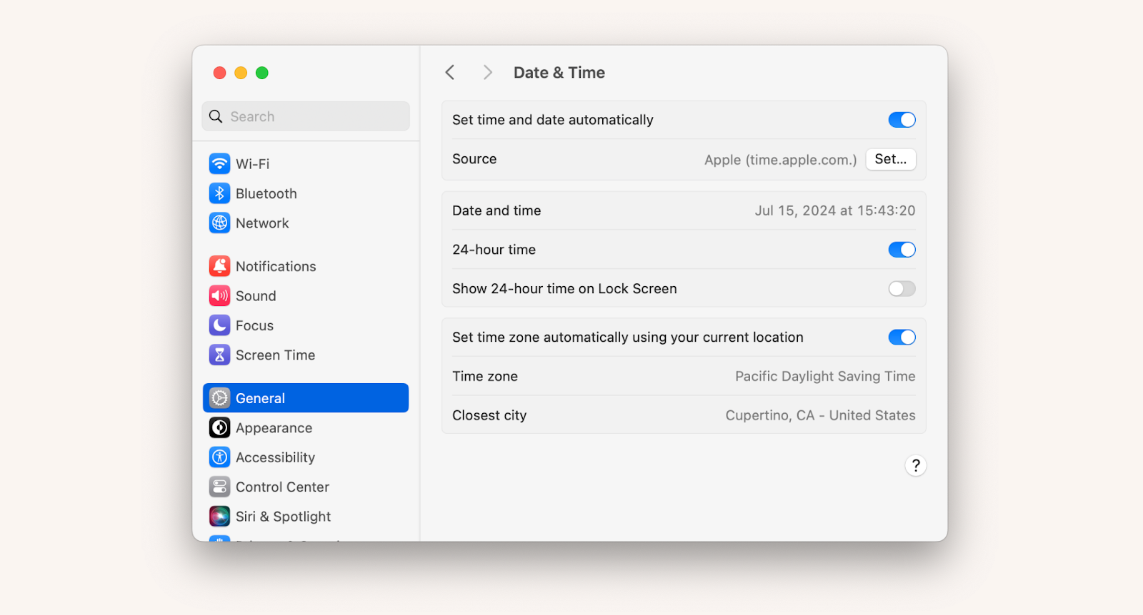 time zome settings on Mac