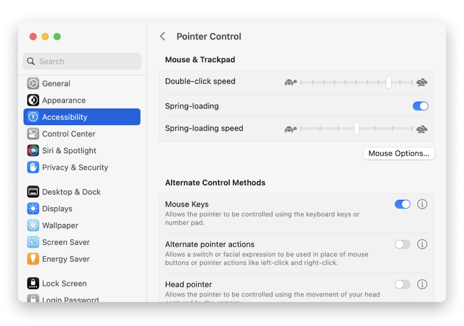 Pointer Control options