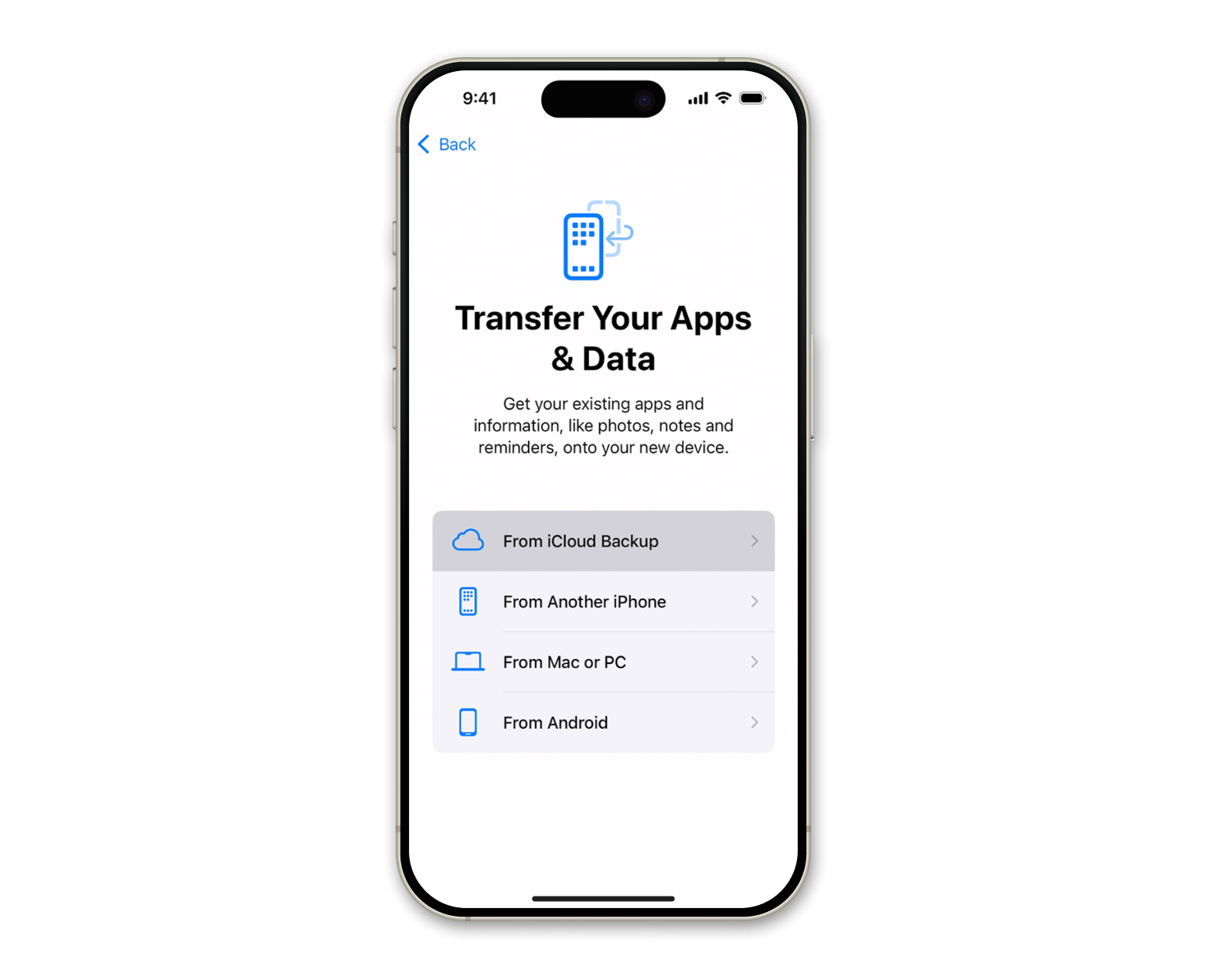 Transfer your apps and data from iCloud backup